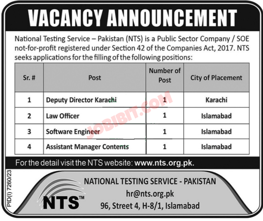 Jobs For 2024 National Testing Services NTS of Pakistan