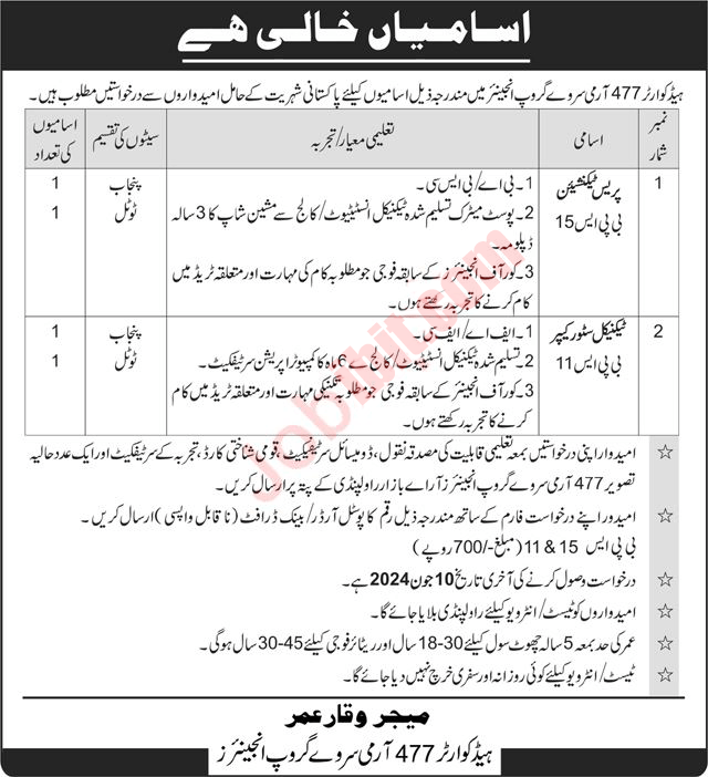 Jobs For 2024 Pak Army Headquarter 477 Army Survey Group Engineers