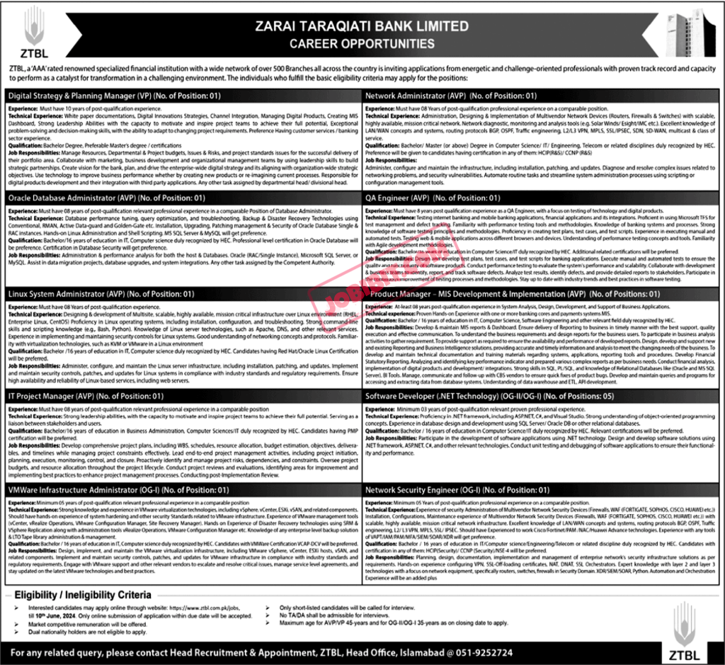 Jobs For 2024 Zarai Taraqiati Bank Limited ZTBL
