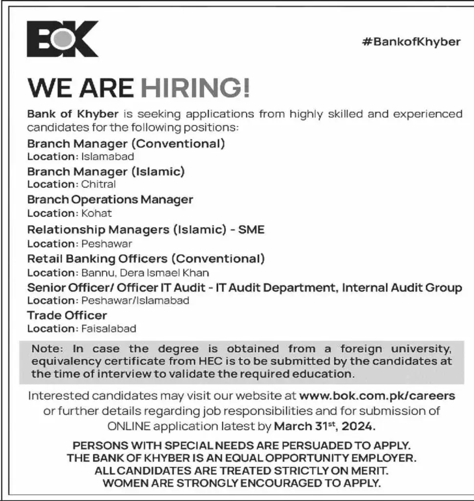 Jobs For 2024 BOK Bank of Khyber  www.bok.com.pk