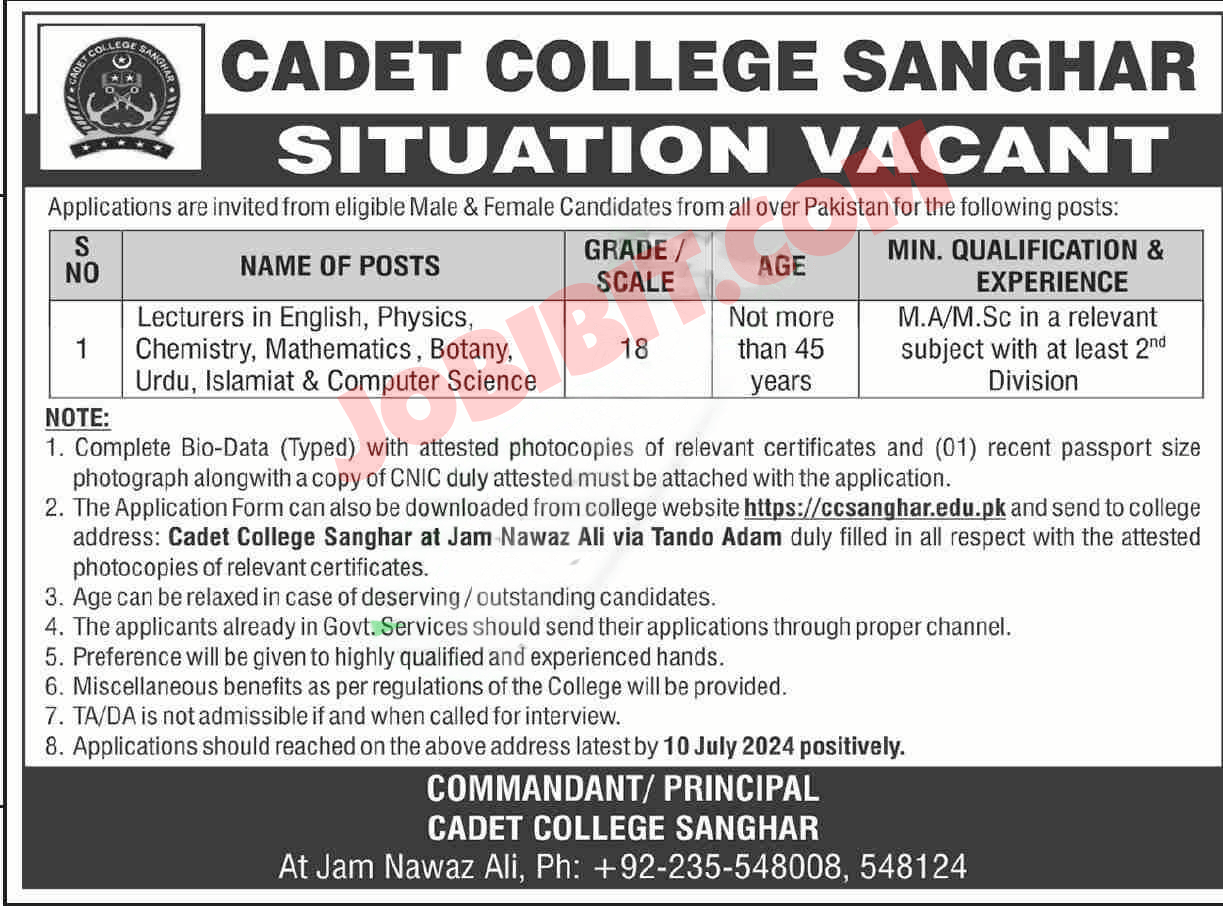 Jobs For 2024 Cadet College Sanghar Jobs For Teaching Staff