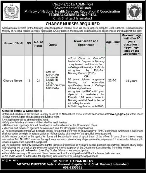 Jobs For 2024 Federal General Hospital Chak Shahzad Islamabad