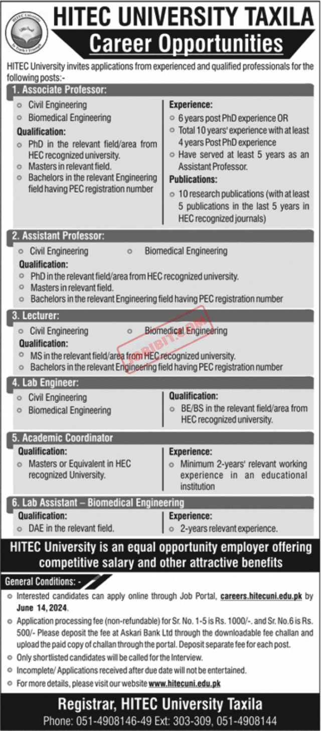 Jobs For 2024 HITEC University Taxila www.hitechuni.edu.pk