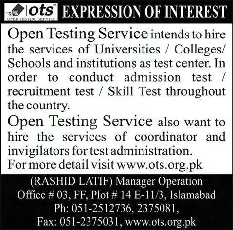OTS Invigilator Jobs 2024 Open Testing Service  www.ots.org.pk